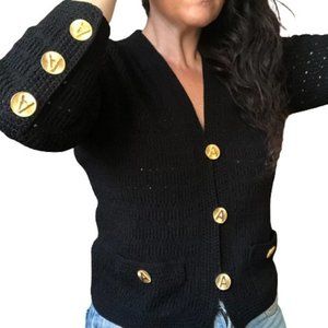 Vtg 70s ADOLFO New York Gold A Button Pointelle Knit ILGWU USA Cardigan Blazer